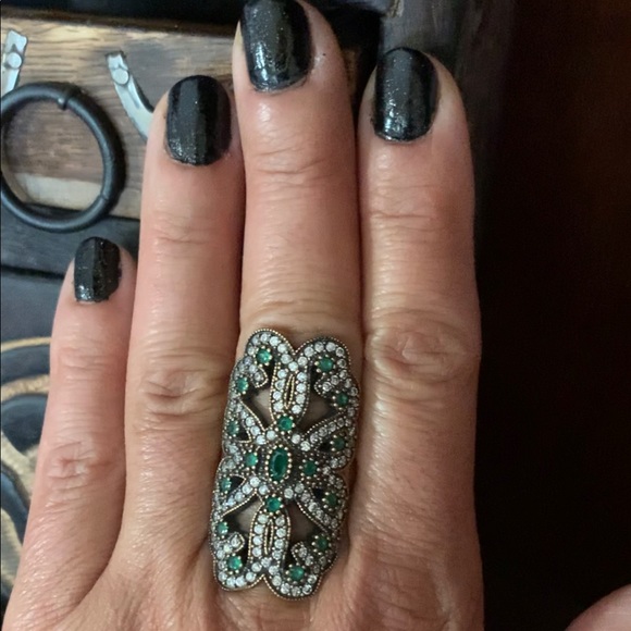 Long Emerald Topaz Silver Antique Style Ring Size 8 - Picture 3 of 10